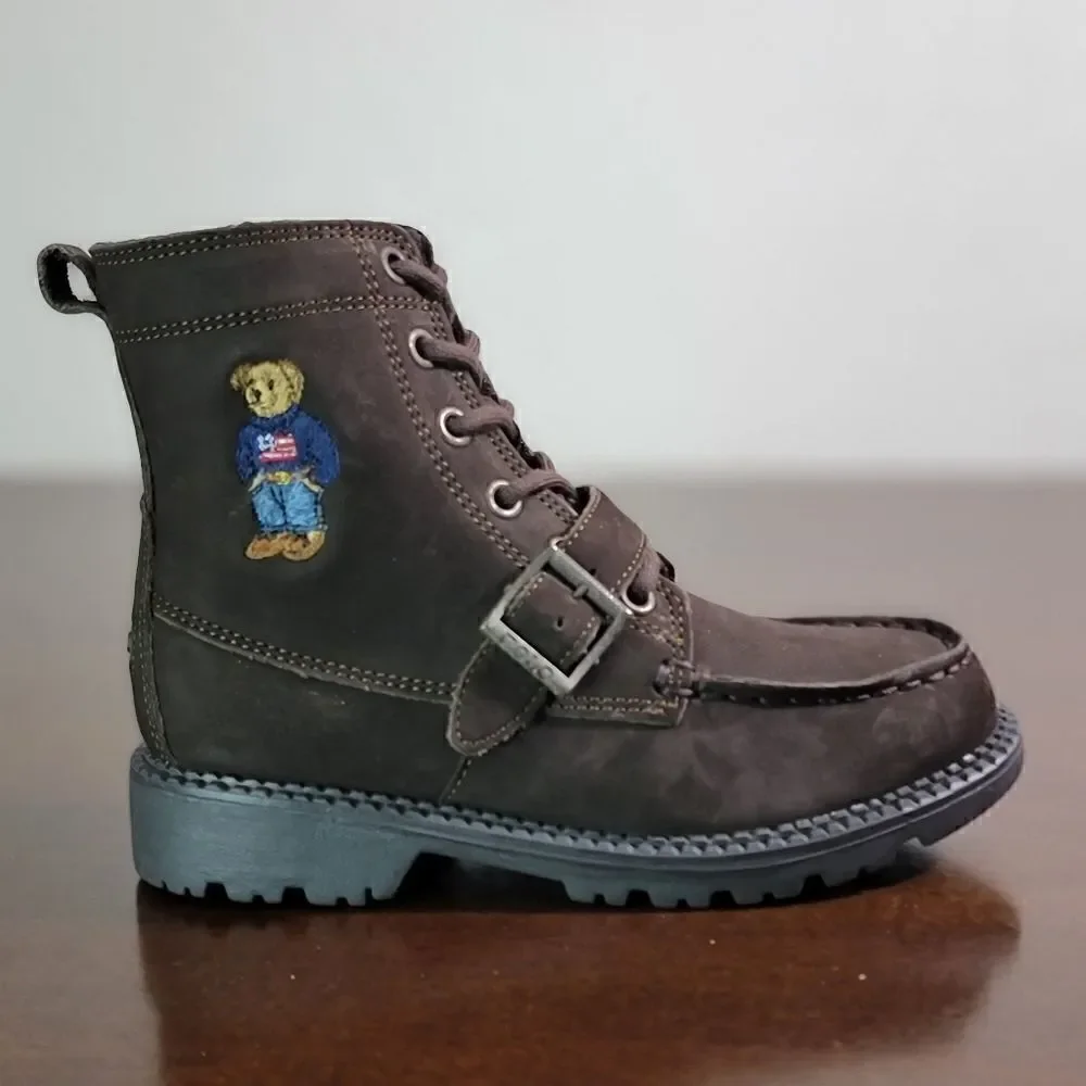 Polo Ralph Lauren Bear Leather Suede Brown Ranger Combat Boots Kids Sizes New